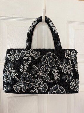 Vintage Black White Beaded Floral Evening Bag Top Handle Cocktail Purse